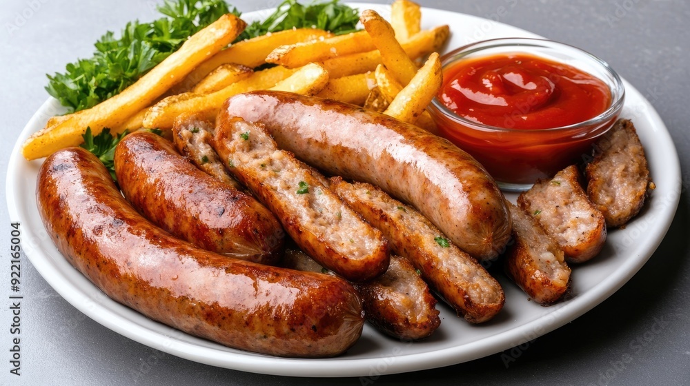 Three sausages are paired with golden fries and a small bowl of ketchup on a sleek plate, highlighting a satisfying meal Three sausages are paired with golden fries and a small bowl of ketchup on a sleek plate, highlighting a satisfying meal