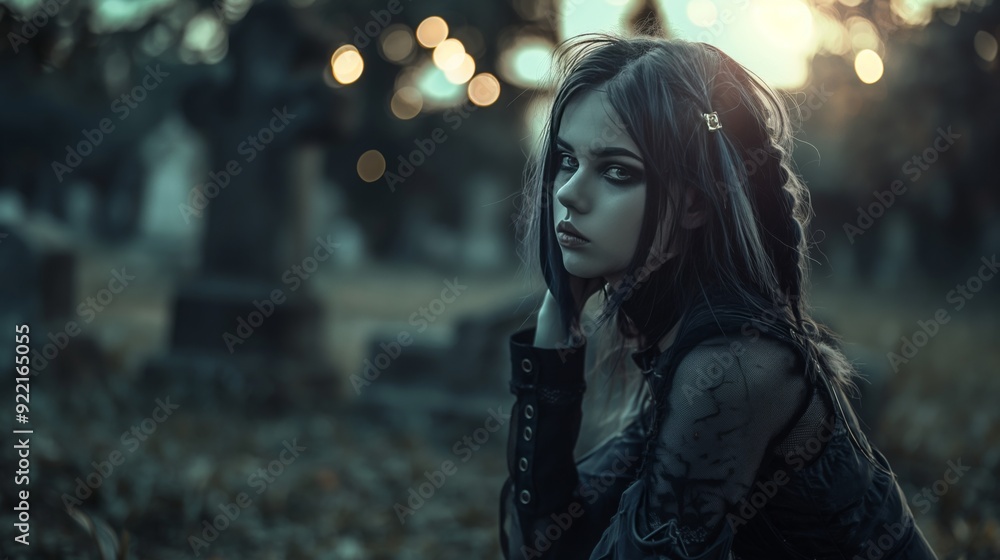 Gothic girl in black dress sitting in graveyard at night. Portrait woman in cemetery. Halloween Gothic girl in black dress sitting in graveyard at night. Portrait woman in cemetery. Halloween
