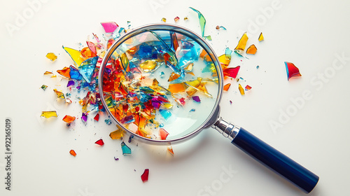  image of a magnifying glass exploding and scattering multicolored glass shards