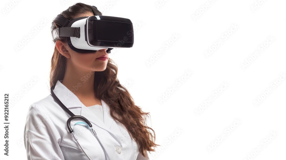 A healthcare professional in a white lab coat and stethoscope wearing a virtual reality headset, possibly exploring a medical simulation or virtual training scenario. A healthcare professional in a white lab coat and stethoscope wearing a virtual reality headset, possibly exploring a medical simulation or virtual training scenario.