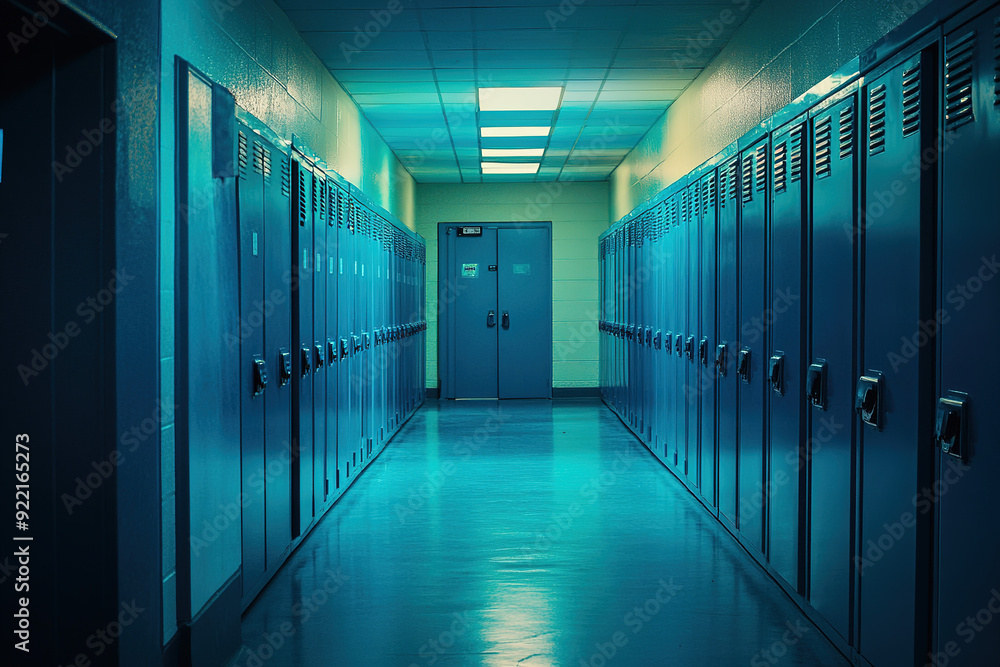 School Hallway with Blue and Teal Lockers in a Cinematic Perspective, Featuring Warm Light and Clean Modern Design in a Wide-Angle View. School Hallway with Blue and Teal Lockers in a Cinematic Perspective, Featuring Warm Light and Clean Modern Design in a Wide-Angle View.
