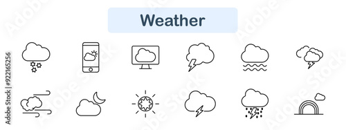 Weather set icon. Snow, cloud, smartphone, monitor, storm, lightning, flood, wind, moon, sun, rain, rainbow, forecast, climate, temperature, digital, symbol, online, data, meteorology.