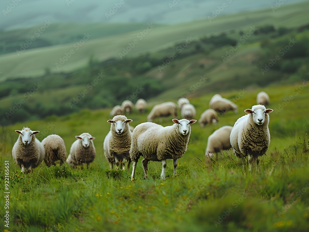 Fototapeta premium A flock of sheep grazing in a green meadow on a cloudy day