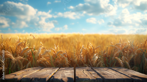 Close up of an empty wooden table on a wheat field background with copy space for text or product.