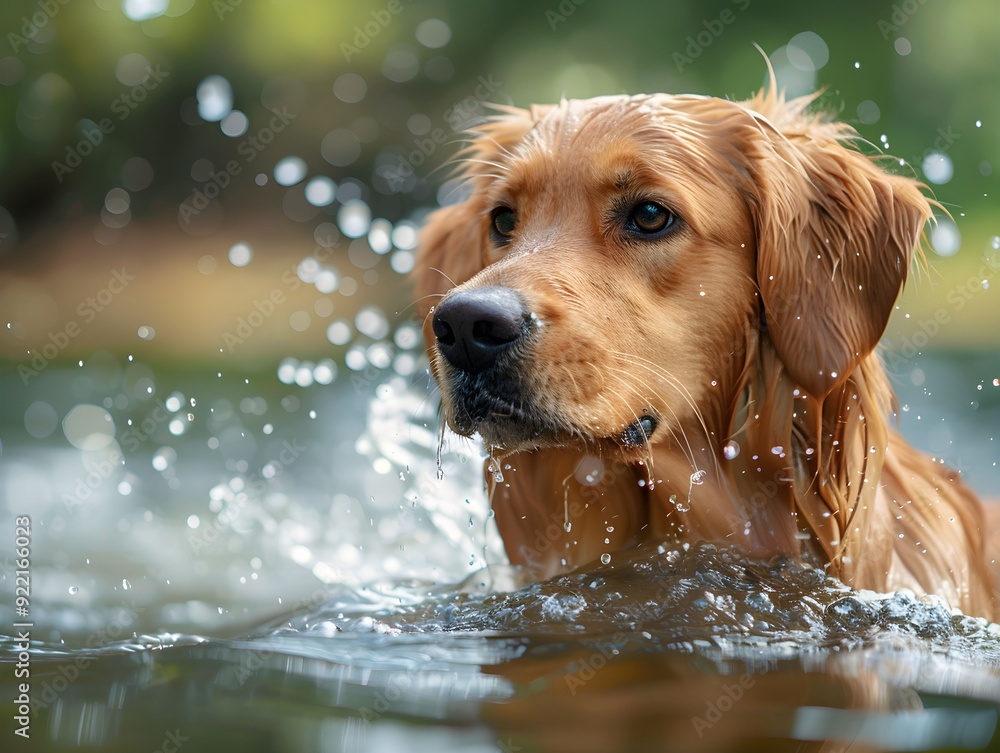 A golden retriever splashes in the water at a sunny park during afternoon playtime A golden retriever splashes in the water at a sunny park during afternoon playtime