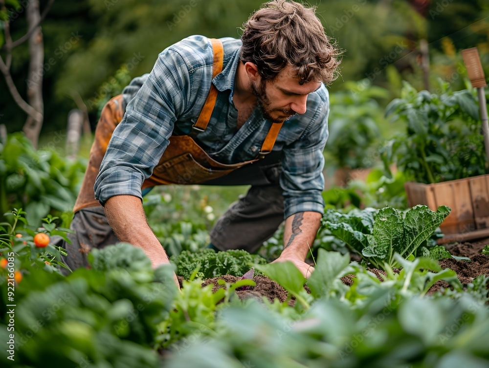 Fototapeta premium A gardener tending to a vibrant vegetable patch filled with greens and tomatoes during the daylight hours
