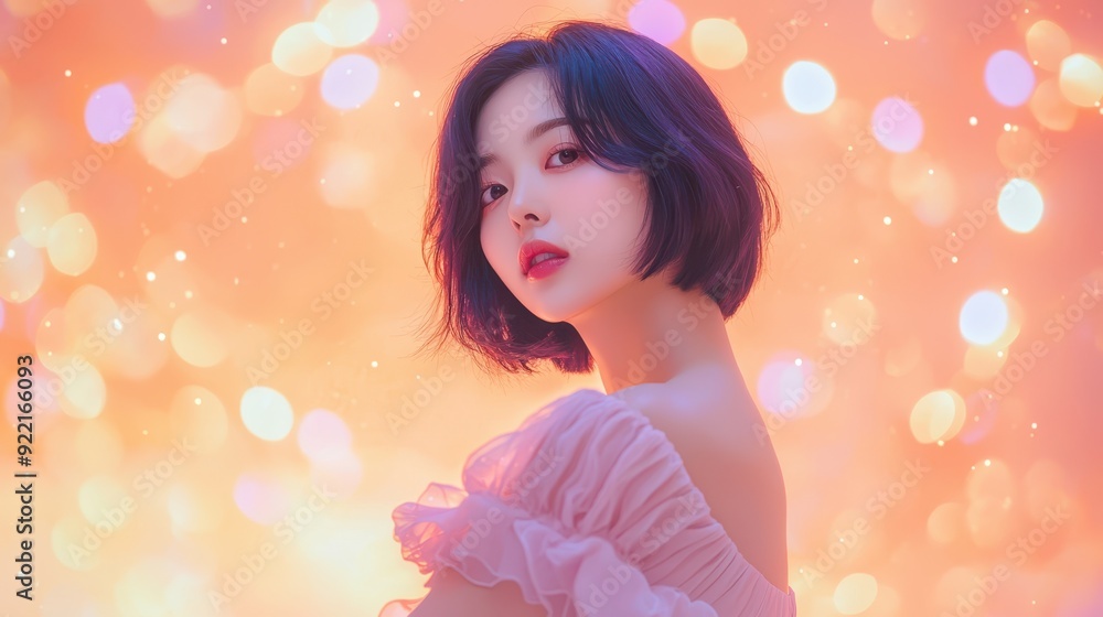A captivating portrait of a woman in a soft, dreamy atmosphere with colorful bokeh lights in the background. A captivating portrait of a woman in a soft, dreamy atmosphere with colorful bokeh lights in the background.