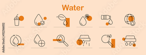Water set icon. Drink, purification, eco-friendly, drop, frozen, hydration, bottle, global, recycle, filtration, analysis, H2O, sustainability, environment, liquid, health.