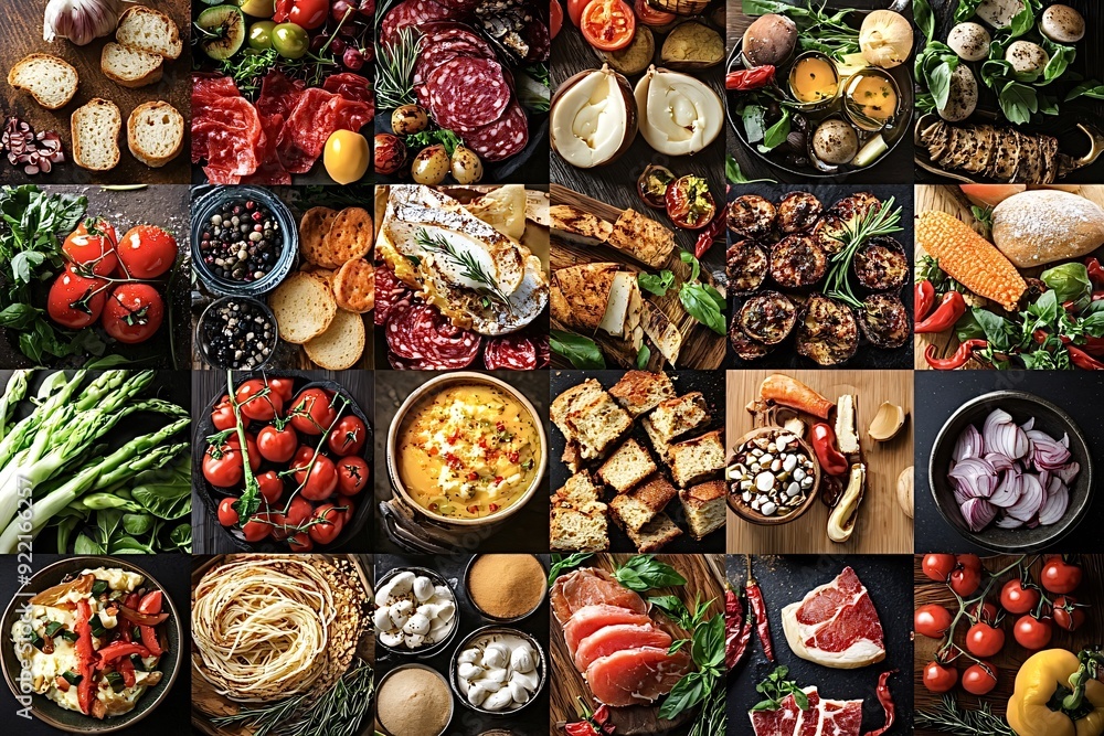 Food photography collage showcasing a wide variety of cooked and raw dishes with vegetables, fruits, meat, pasta, and other ingredients Food photography collage showcasing a wide variety of cooked and raw dishes with vegetables, fruits, meat, pasta, and other ingredients
