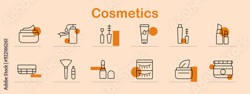 Cosmetics set icon. Cream, lotion, makeup brush, lipstick, eyeshadow, mascara, foundation, skincare, beauty products, personal care, hygiene, self-care, grooming, cosmetics, daily routine, facial care