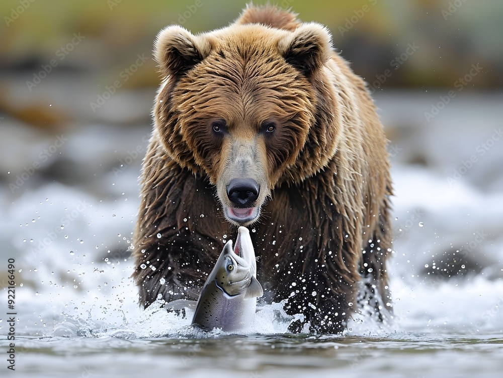 A grizzly bear fishing in a river during the day in a natural habitat