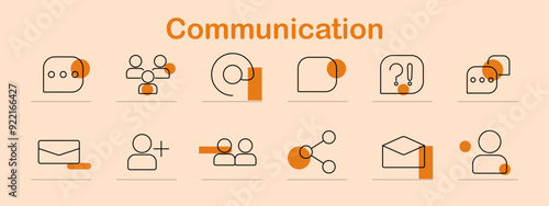 Communication icon set. Chat bubble, group, at symbol, speech bubble, question mark, email, user addition, mail, share, message, contact, networking, conversation, social media, interaction, online