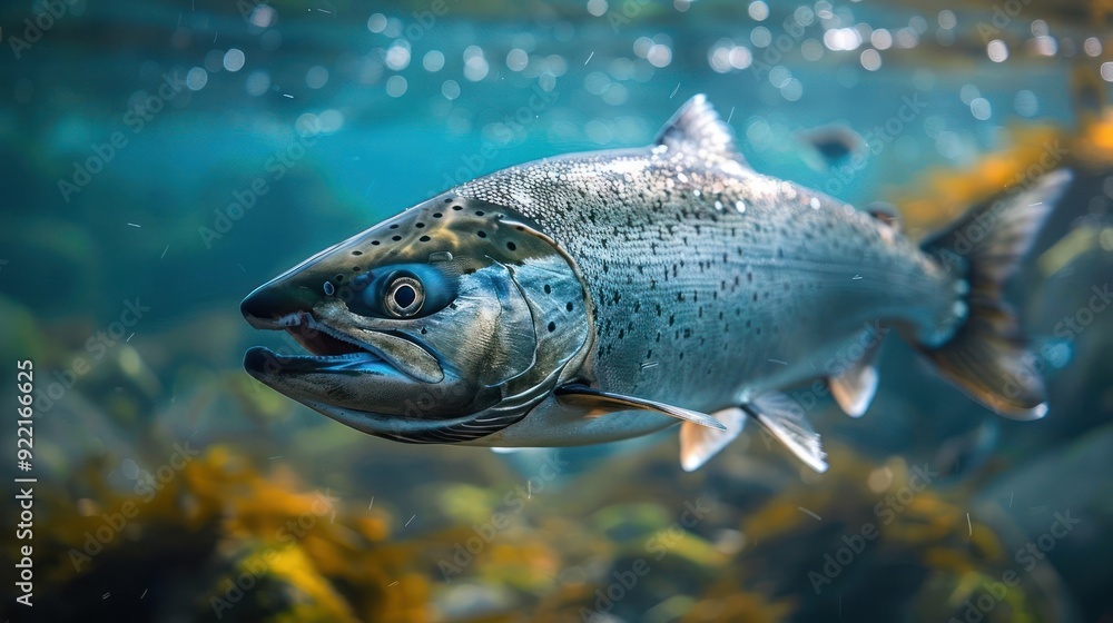 A large salmon swimming through clear water, surrounded by seaweed and a bed of small rocks. A large salmon swimming through clear water, surrounded by seaweed and a bed of small rocks.