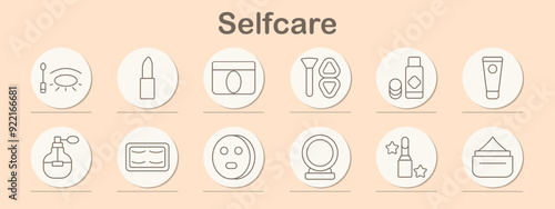 Selfcare set icon. Eyeliner, lipstick, moisturizer, shaving brush, lotion, perfume, soap, facial, mirror, cosmetics, skincare, beauty, hygiene, grooming, personal care, makeup, health, wellness