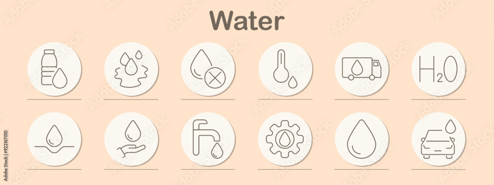 Water set icon. Droplet, waves, bottle, glass, irrigation, filtration, H2O, evaporation, purity, molecular structure, environment, sustainability, hydration, skin care, beverage Water set icon. Droplet, waves, bottle, glass, irrigation, filtration, H2O, evaporation, purity, molecular structure, environment, sustainability, hydration, skin care, beverage