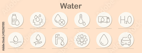 Water set icon. Droplet, waves, bottle, glass, irrigation, filtration, H2O, evaporation, purity, molecular structure, environment, sustainability, hydration, skin care, beverage