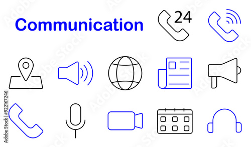 Communication set icon. Call, microphone, speaker, location, calendar, newspaper, megaphone, contact, global, video, online, communication, digital, media, voice, internet, talk, web, technology, icon