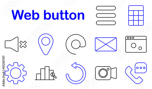 Web button set icon. Volume control, location, refresh, settings, camera, statistics, email, browser, call, communication, technology, web interface, UI, multimedia, internet, interaction, online tool