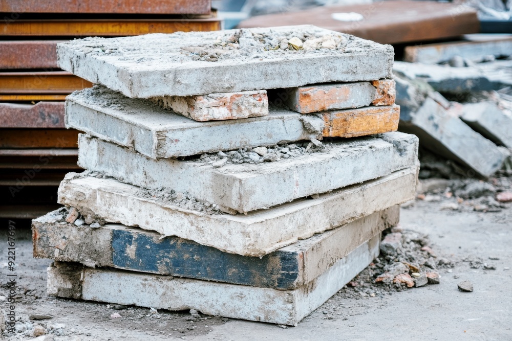 recycled concrete and brick slabs at a construction site for sustainable building practices recycled concrete and brick slabs at a construction site for sustainable building practices