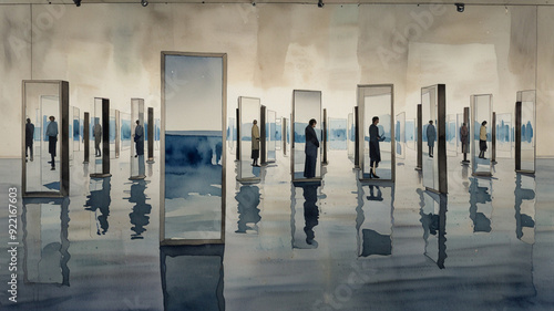 Watercolor Painting: Enigmatic minimalist installation art featuring a single mirror reflecting an infinite row of mirrors.