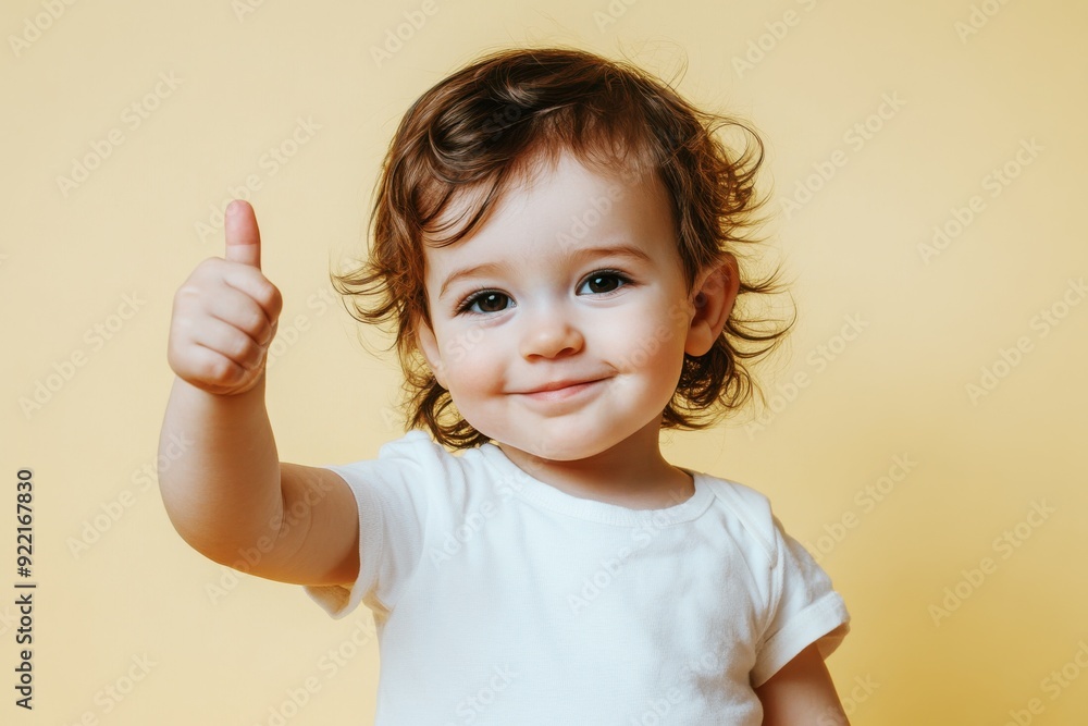 smiling baby with curly hair giving a thumbs up against a yellow background