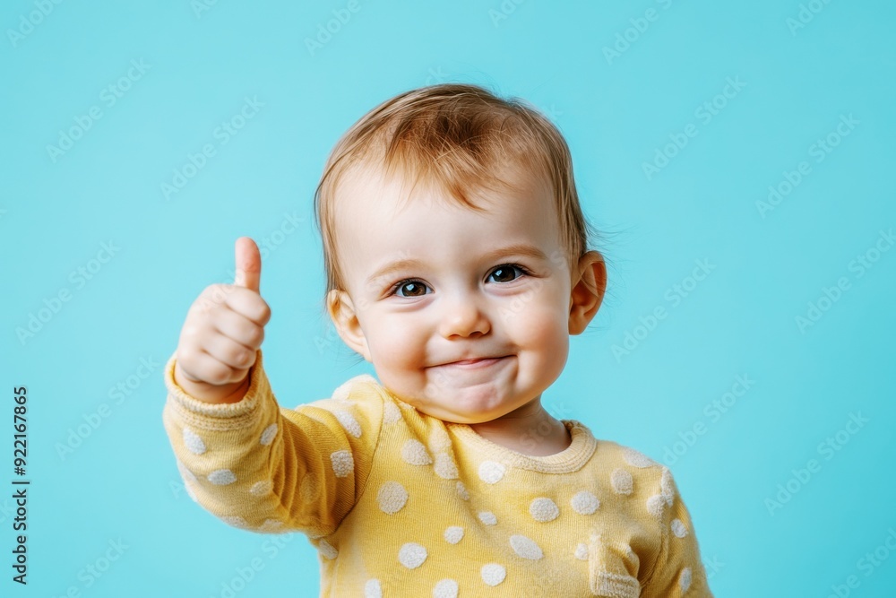 baby smiling and giving a thumbs up in a yellow sweater against a light ...