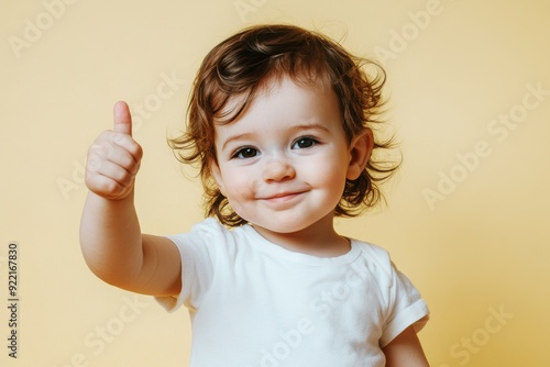 Obraz na płótnie smiling baby with curly hair giving a thumbs up against a yellow background w salonie
