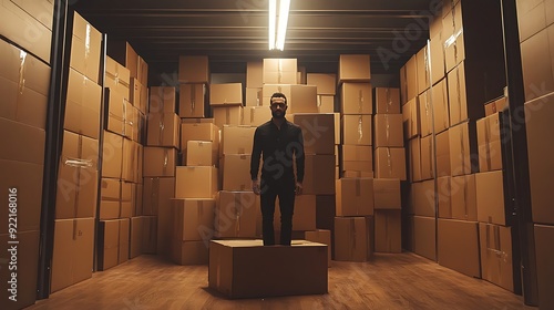 A man stands on a box in a warehouse filled with cardboard boxes. He looks out with a serious expression, seemingly lost in thought.