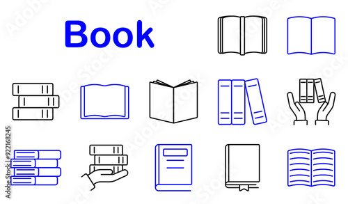 Book set icon. Stack, open, closed, pages, hands, reading, literature, library, learning, education, cover, textbook, knowledge, study, publishing, storage.