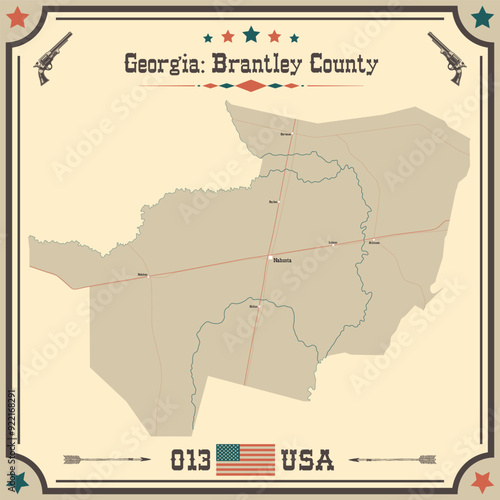 Large and accurate map of Brantley County, Georgia, USA with vintage colors.