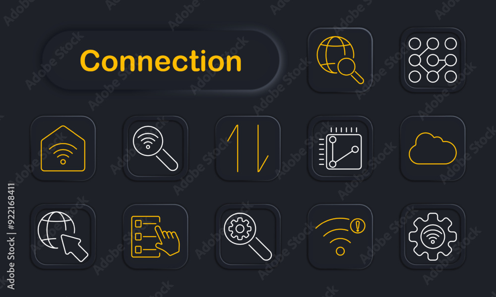 Connection set icon. Wi-Fi, magnifier, cloud, upload, graph, network, search, signal, settings, system, data, digital, technology, internet, integration. Connection set icon. Wi-Fi, magnifier, cloud, upload, graph, network, search, signal, settings, system, data, digital, technology, internet, integration.