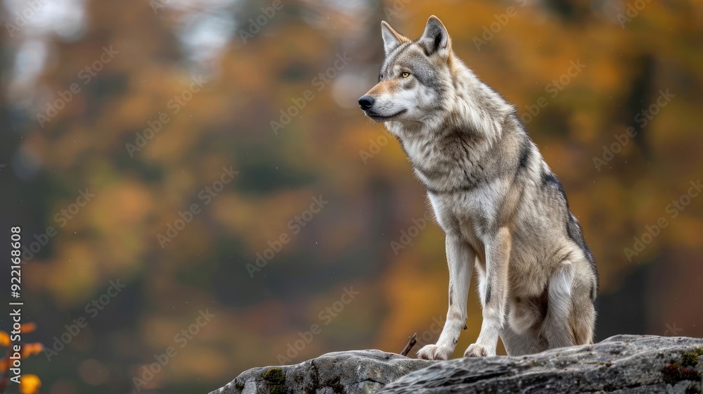 Obraz premium A wolf standing in a forest, looking at the camera.