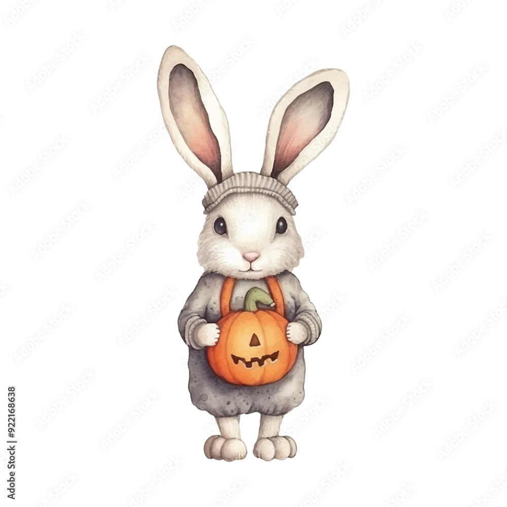 Fototapeta premium Cute little bunny holding a pumkins halloween watercolor vector illustration, white background