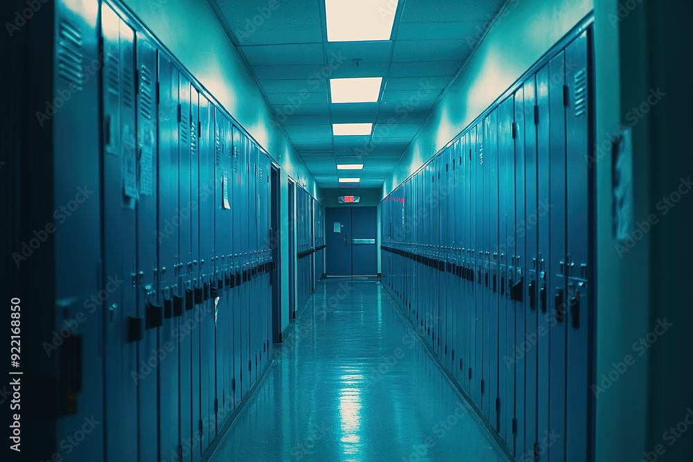School Hallway with Blue and Teal Lockers in a Cinematic Perspective, Featuring Warm Light and Clean Modern Design in a Wide-Angle View. School Hallway with Blue and Teal Lockers in a Cinematic Perspective, Featuring Warm Light and Clean Modern Design in a Wide-Angle View.