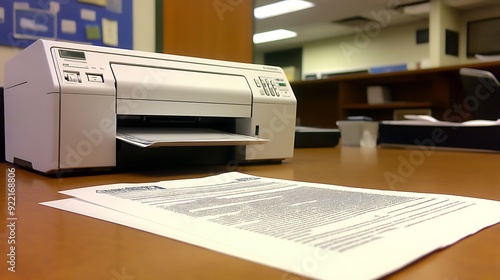 A white printer sits on a brown desk with a freshly printed document laying in front of it.