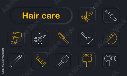 Hair care set icon. Scissors, comb, brush, dryer, hair straightener, clipper, grooming, styling, salon, beauty, hygiene, tools, haircut, blow dryer, hairdressing, personal care, equipment.