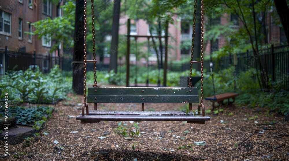 An empty swing sways gently in a deserted playground, evoking memories of childhood and a sense of abandonment. An empty swing sways gently in a deserted playground, evoking memories of childhood and a sense of abandonment.