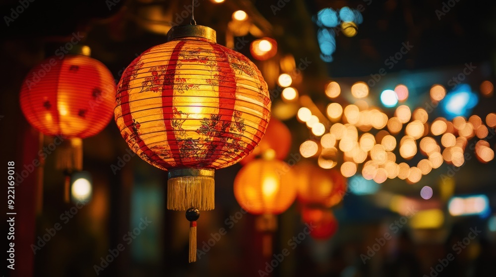 Red and Gold Chinese Lanterns Illuminated at Night Red and Gold Chinese Lanterns Illuminated at Night