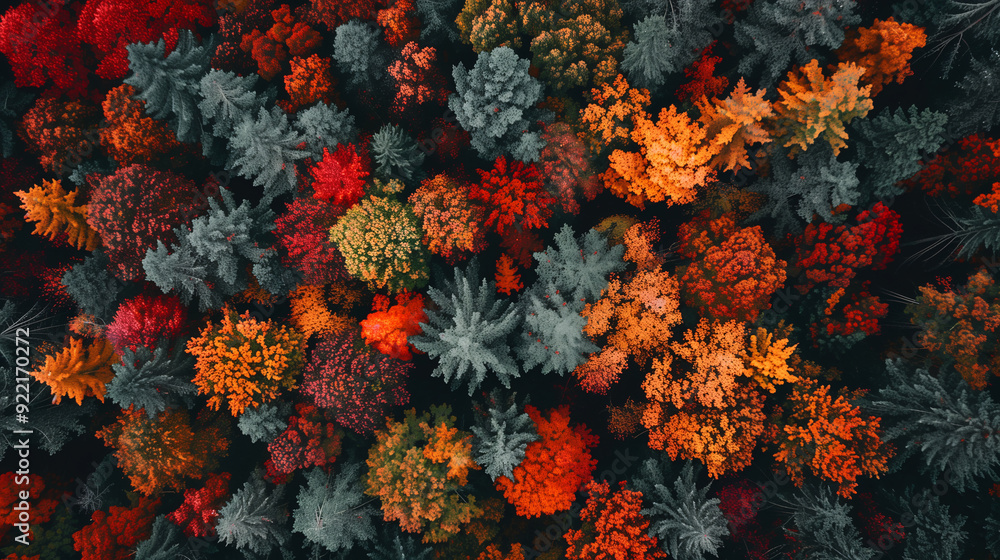 Top view of a forest in the Autumn season. Red, orange and green color tone. Top view of a forest in the Autumn season. Red, orange and green color tone.