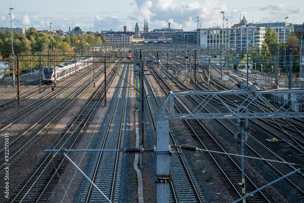 This is the railroad network that connects the capital of Finland, Helsinki, with the rest of the country. We observe from a high angle the complex infrastructure of trains that the country has. This is the railroad network that connects the capital of Finland, Helsinki, with the rest of the country. We observe from a high angle the complex infrastructure of trains that the country has.
