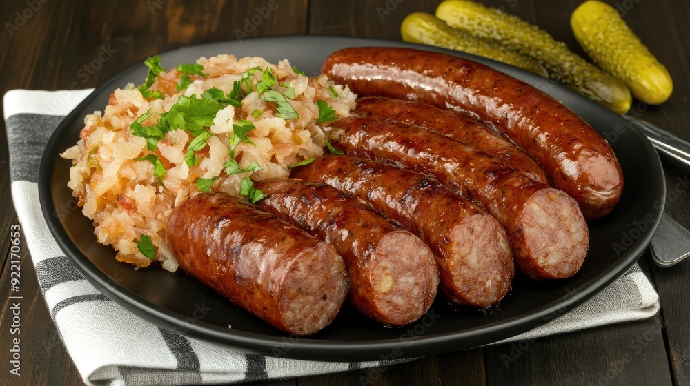 A delicious spread features sausages alongside Polish sauerkraut salad and creamy mashed potatoes, perfect for a hearty meal A delicious spread features sausages alongside Polish sauerkraut salad and creamy mashed potatoes, perfect for a hearty meal