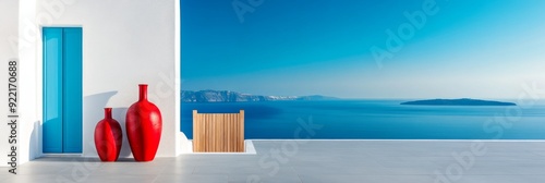 Santorini landscape view, white walls and blue windows, red vases on the wall