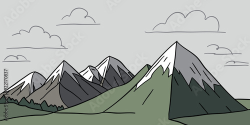 Flat graphic vector sketch of abstract mountain landscape with snowy sharp triangular mount peaks isolated on gray background. Simple hand drawn cartoon design element for climbing or hiking concept.