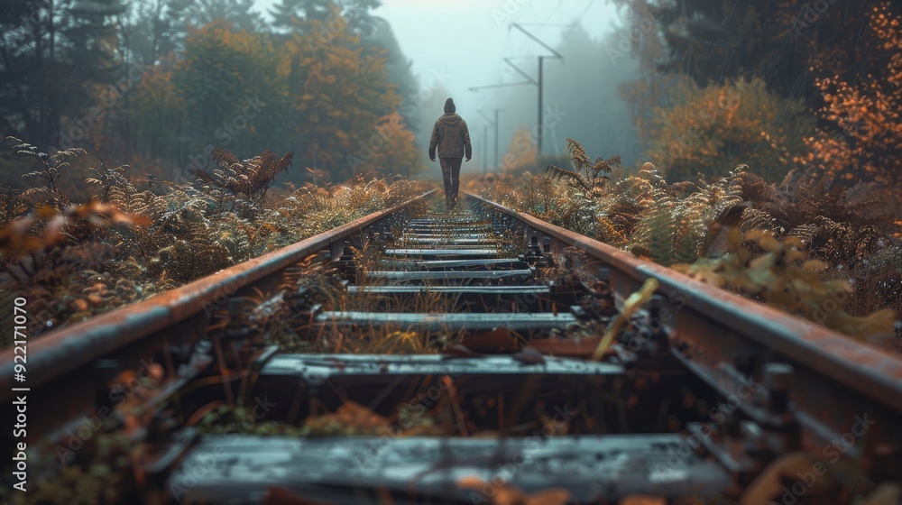 Naklejka premium A person walks along a deserted railway track, the old, rusted rails stretching out into the distance and the surrounding landscape overgrown with weeds, symbolizing a journey of solitude and
