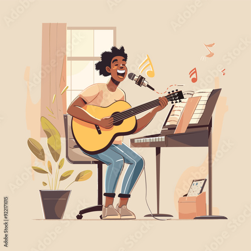 Joyful musician playing guitar and singing, vibrant scene.
