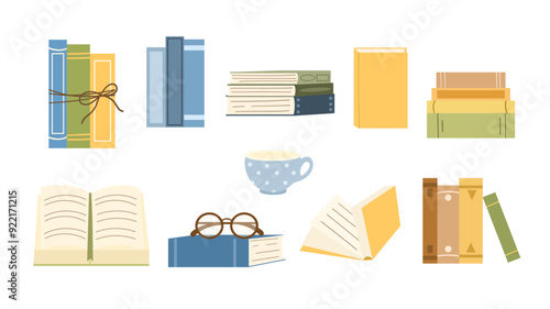 Cute set of different books. Stacks of books for reading, open books. Сozy reading set, cup and reading glasses. Textbooks for education. Flat vector illustration isolated on white background.