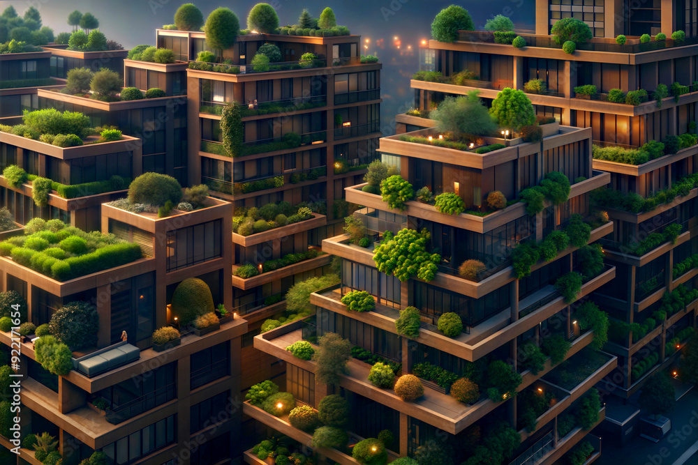 Ecological futuristic concept of a green city of the future. Plants are ...