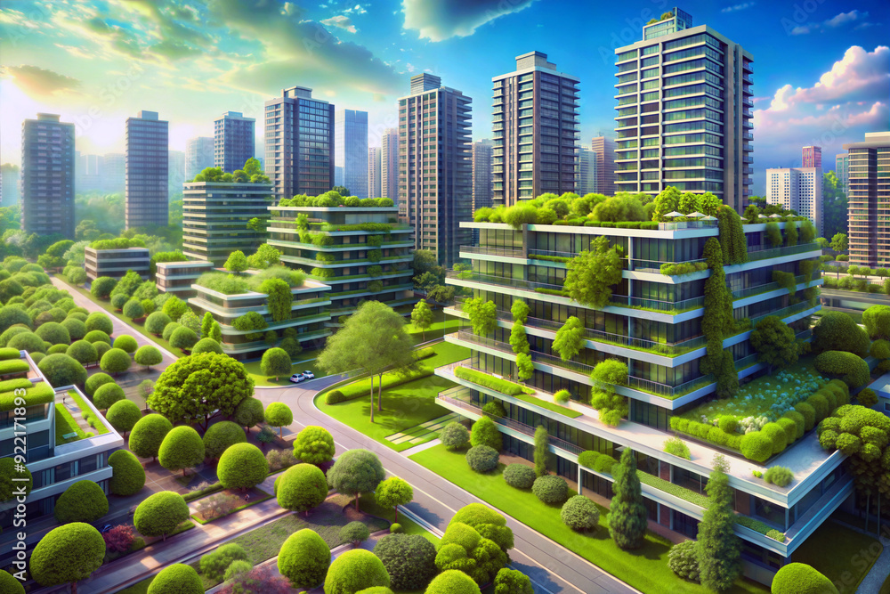 Ecological futuristic concept of a green city of the future. Plants are ...