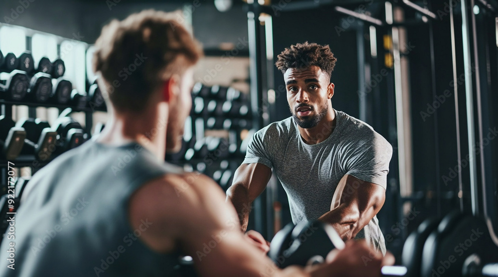 selective focus of handsome african american man exercising with trainer in gym selective focus of handsome african american man exercising with trainer in gym