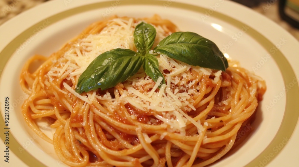 Spaghetti with Tomato Sauce, Parmesan Cheese and Basil